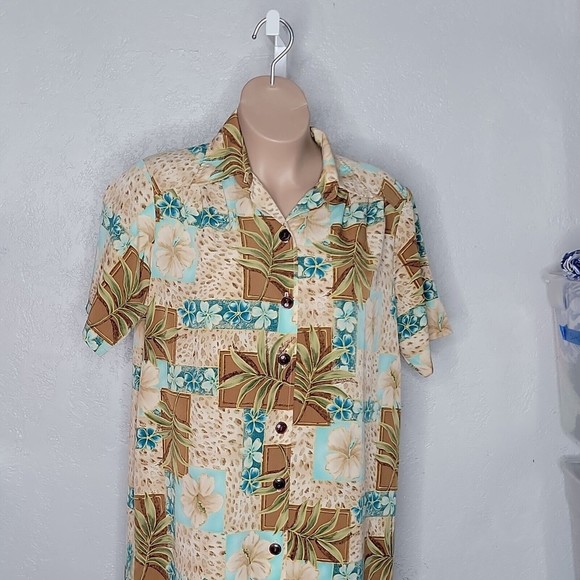 Maggie Sweet Button Down Straight Dress Beige Short Sleeve Floral Sz 1X - Picture 2 of 7